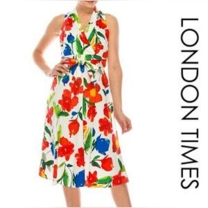 London Times White Halter Dress with Red, Blue and Green Floral Print